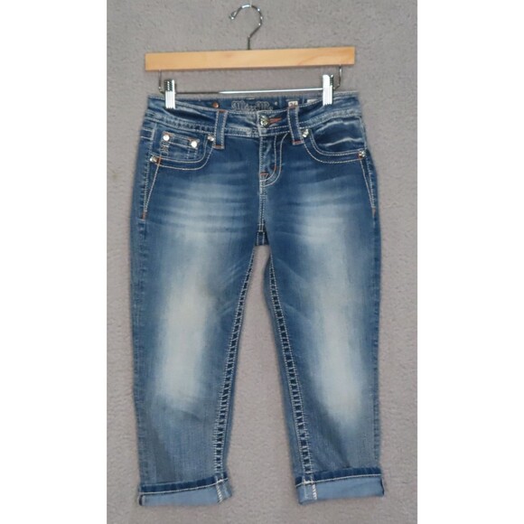Miss Me Capri Jeans 26 Blue Embellished Bling Pockets Mid Rise Cuffed Denim - Picture 3 of 14